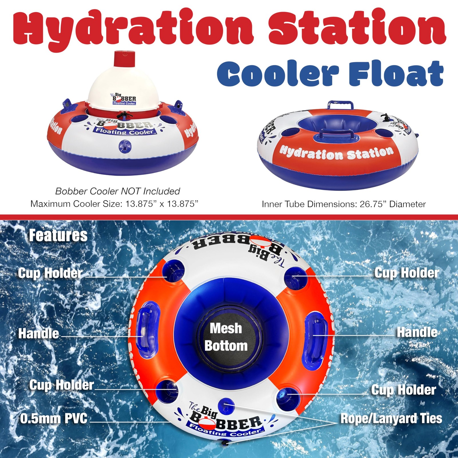 AccuSharp Hydration Station Inflatable Cooler Float, 26.75″, Red, White, Blue