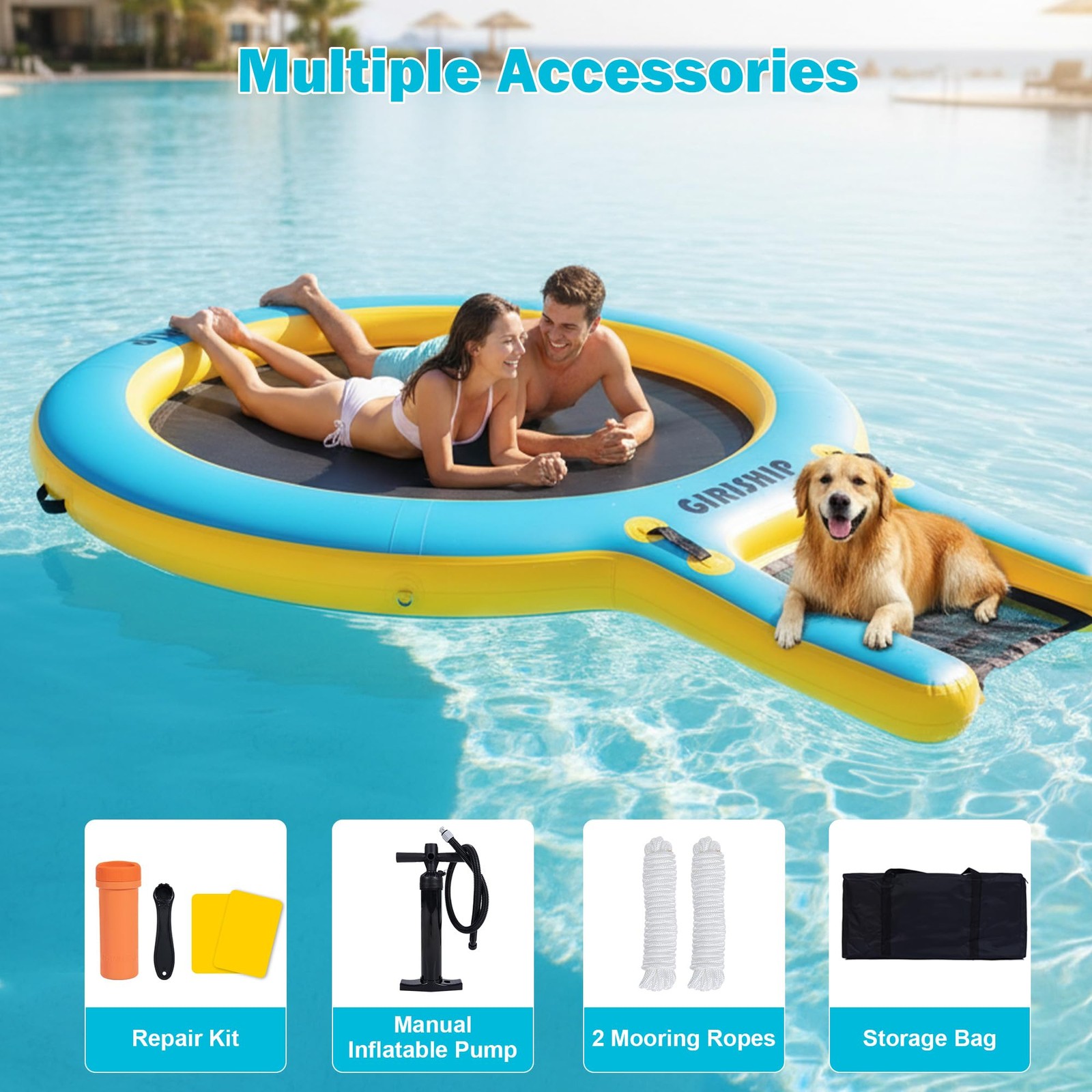GIRISHIP Inflatable Water Hammock,Round Floating Ring 10FT, Blue Yellow+Black