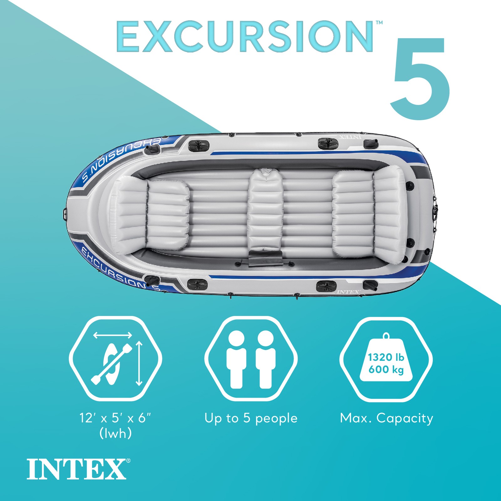 Intex Excursion Inflatable 5 Person Water Fishing River Boat Raft Set with Oars