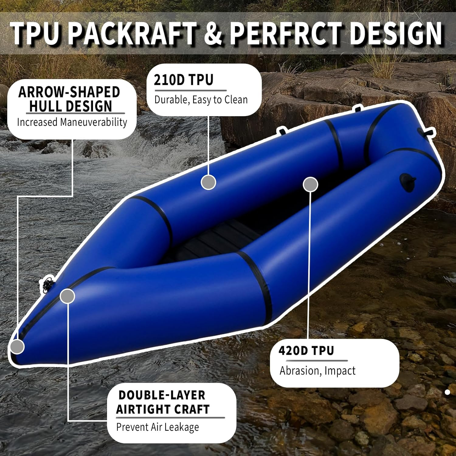 Lightweight Packrafts, TPU Inflatable Packraft for Flat Water Rafting Camping Tr