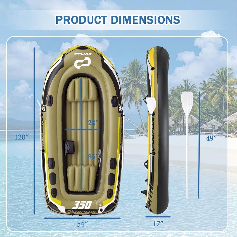 Inflatable Boat 3/4 Person Heavy-Duty Fishing Raft Set with Oars Bolster Seats