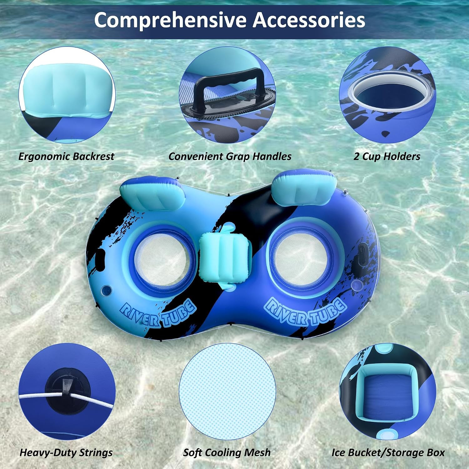 Heavy Duty 2 Person Floats for Adults, 91″ X 50″ Inflatable River Tube, Adult Fl