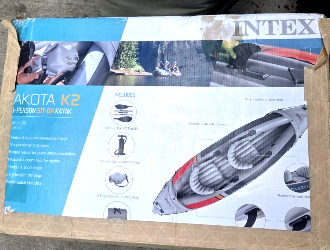 NEW in BOX Intex Dakota K2 2 Person Vinyl Inflatable Kayak with Oars, Pump, Bag