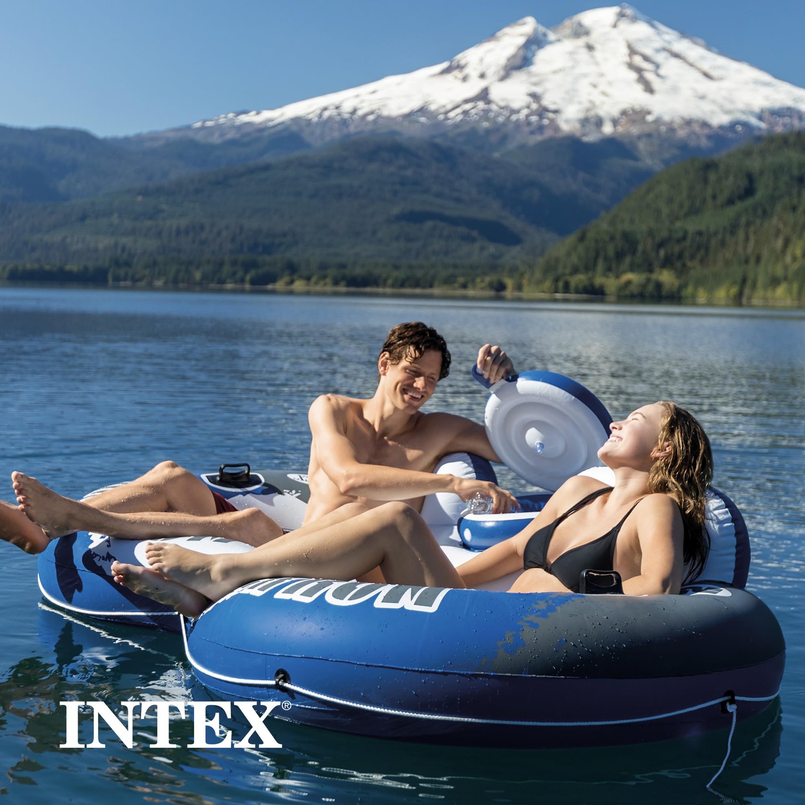 Intex River Run 2 Person Blue Water Float Tube With Cup Holders And Backrests