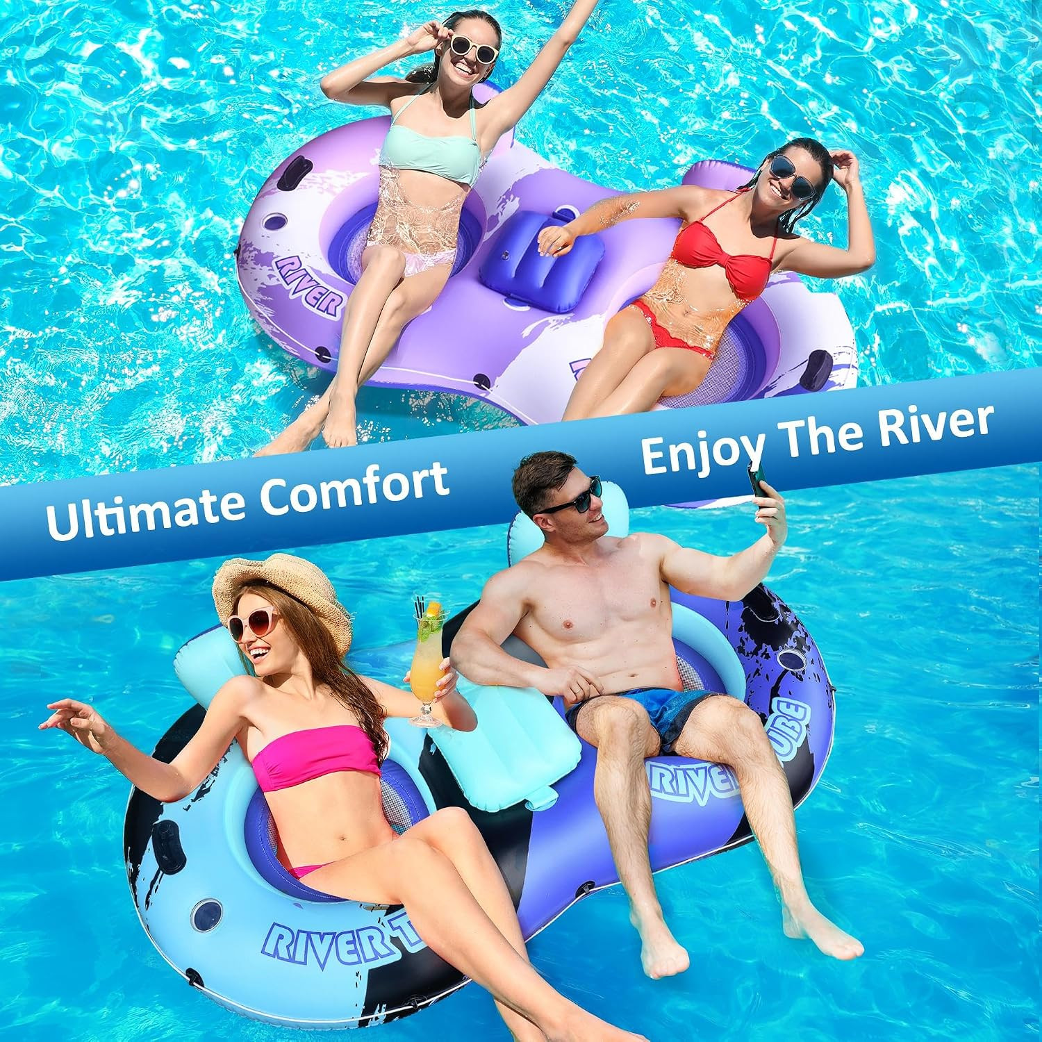 Heavy Duty 2 Person Floats for Adults, 91″ X 50″ Inflatable River Tube, Adult Fl