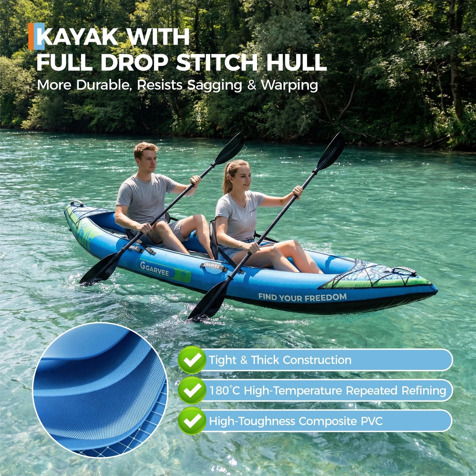 Portable 2 Person Inflatable Kayak 12.5FT Fishing Kayak Adults Padded Seats