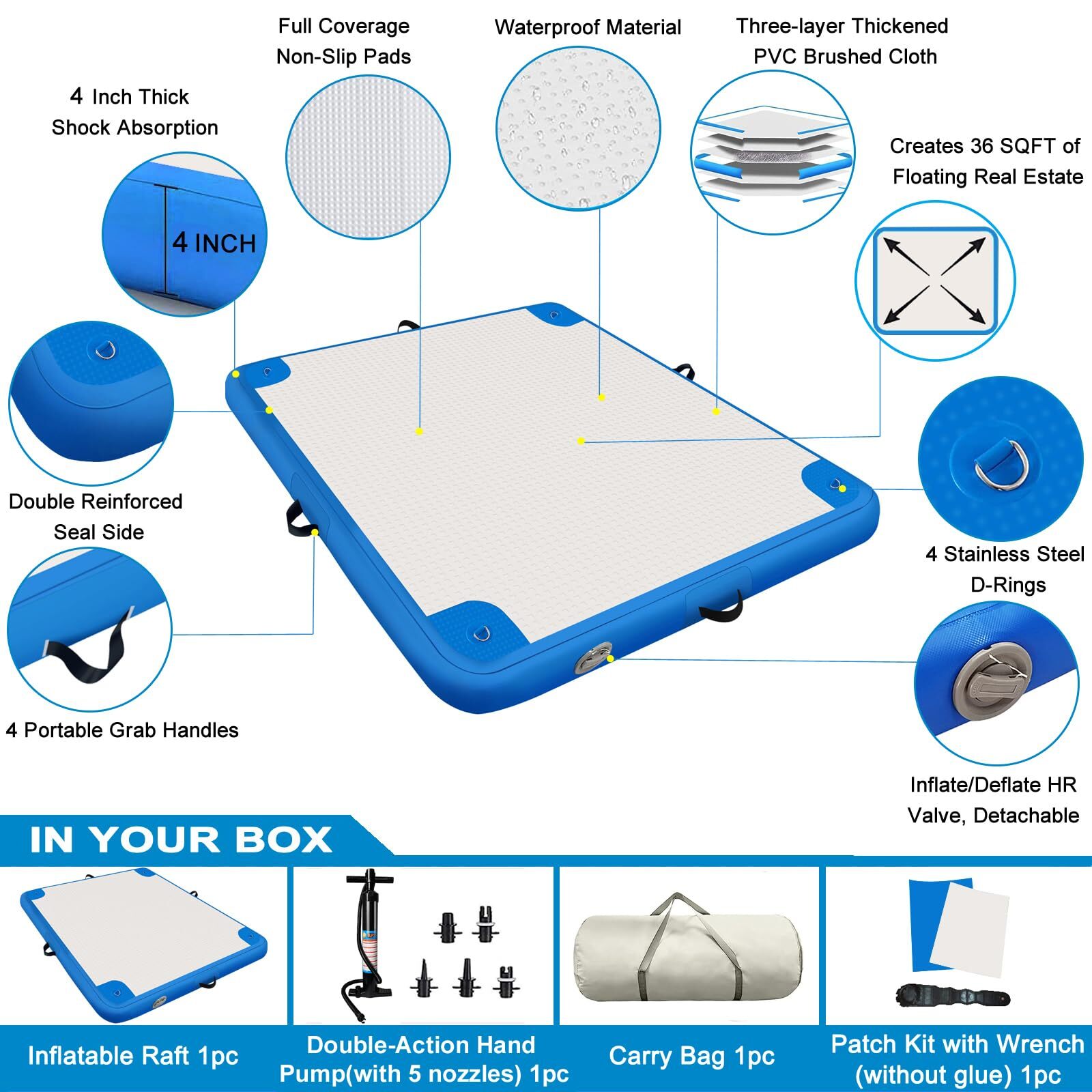 Inflatable Floating Dock Mat, 6 ft x 6 ft Water Platform Swim Deck