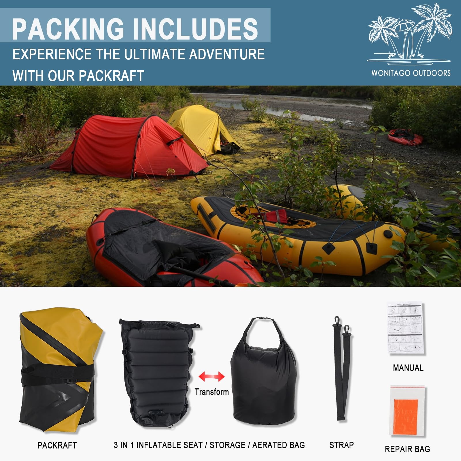 Packraft TPU Inflatable Travel Kayak with Soft Seat Lightweight Packrafts for…