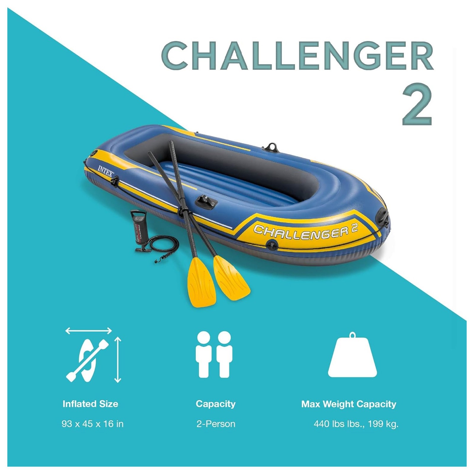 INTEX 66312EP Challenger 2 Inflatable Boat Set with 48″ Oars, Pump, & Oar Locks