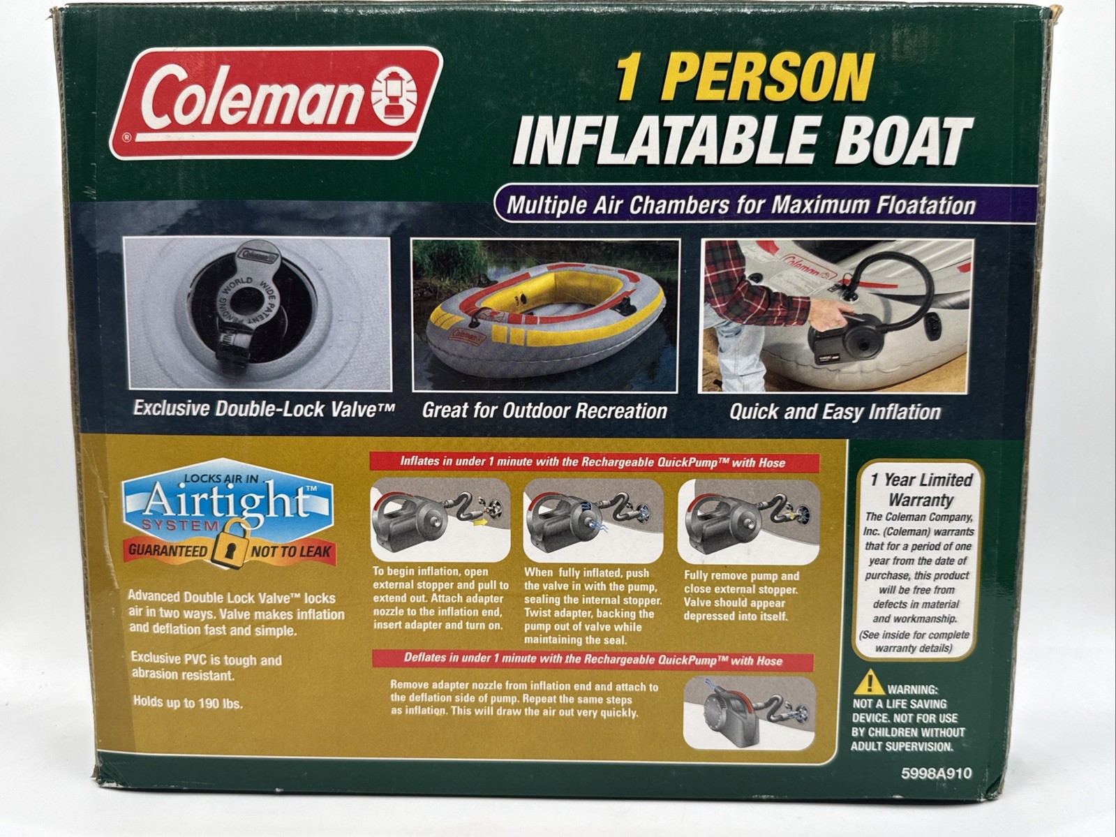 NEW Sealed Coleman 1 Person Inflatable PVC Boat Airtight System Up To 190 Pounds