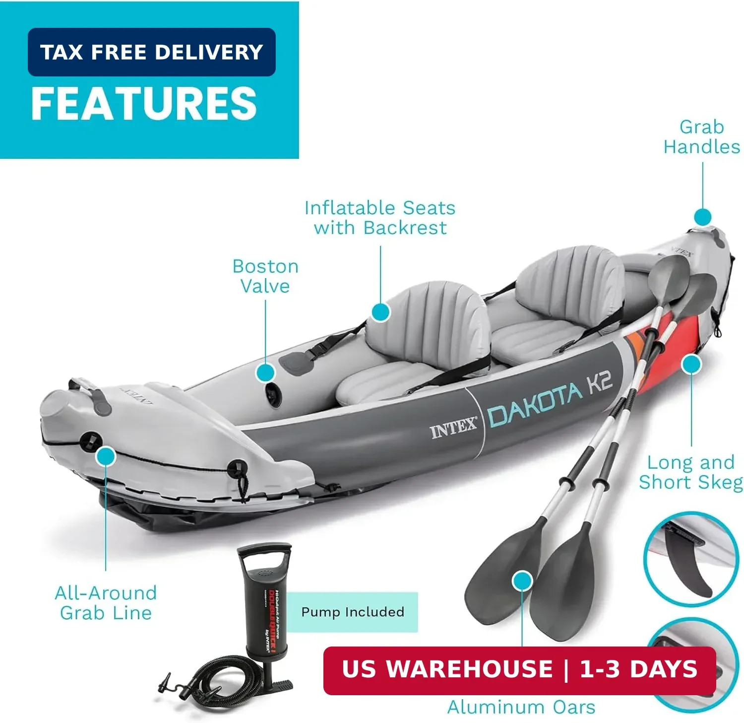 2-Person Inflatable Kayak Set, Dakota K2 with 86in Oars and Pump