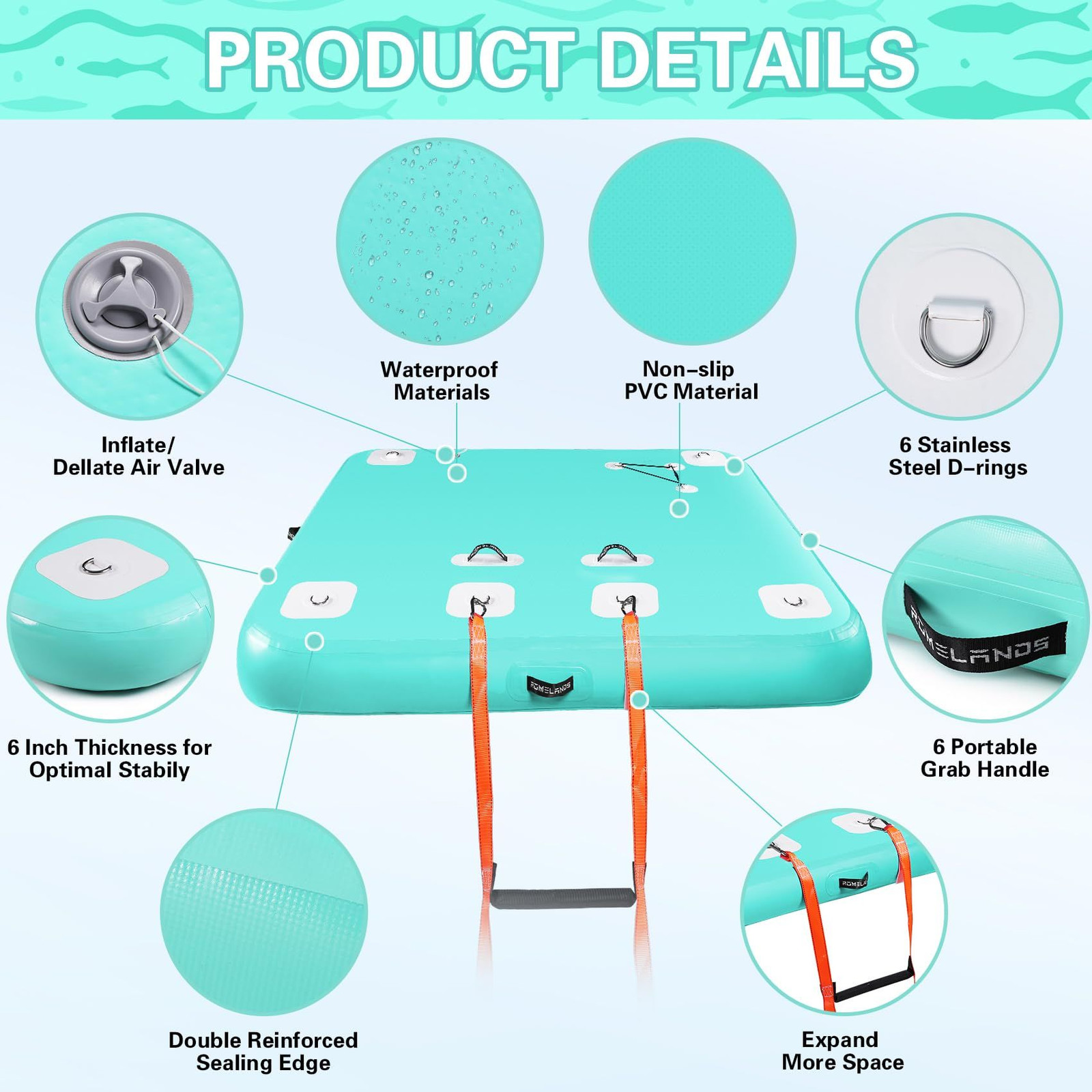 Inflatable Floating Dock Air Platform, 6ft x 5ft x 6ft, Mint Green