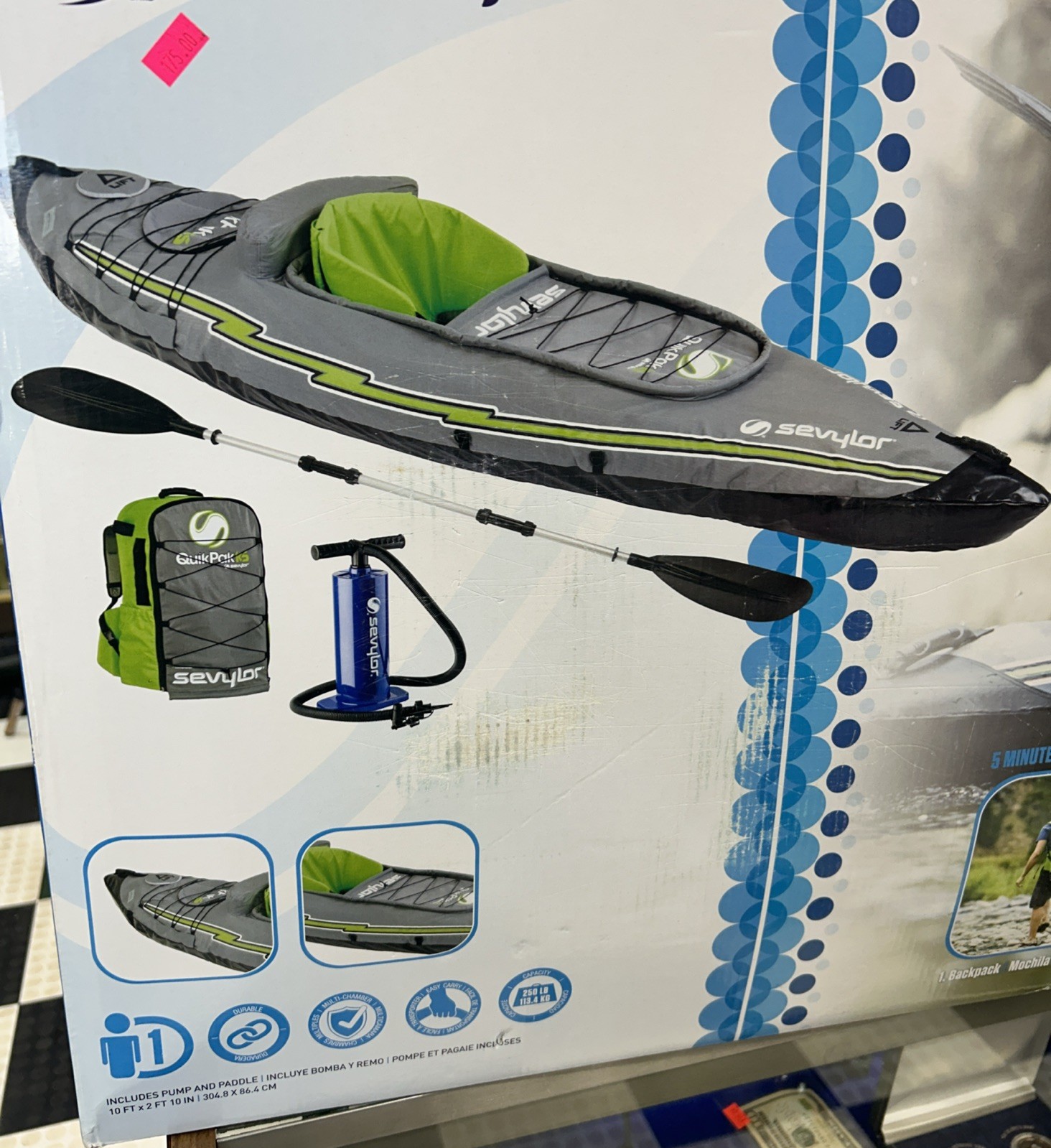 10 FT SEVYLOR QUIK PAK K5 1-PERSON INFLATABLE KAYAK W/CONVERTIBLE BACKPACK, NEW!