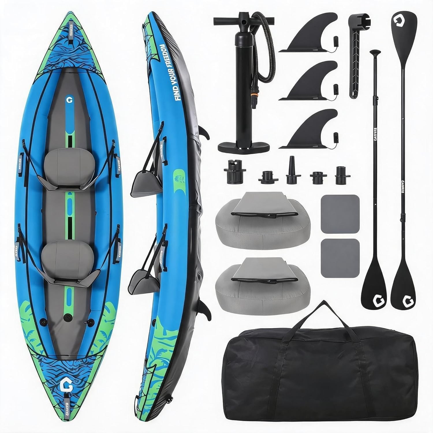 12ft Inflatable Kayak 2 Person Fishing Kayak Padded Seats 3 Fins Hand Pump