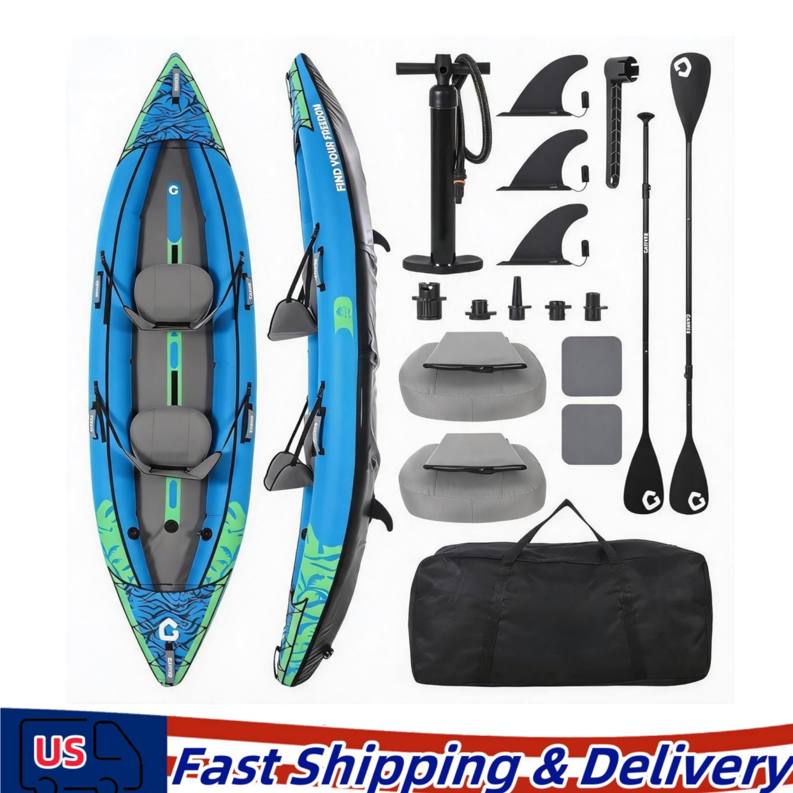 12ft Inflatable Kayak 2 Person Fishing Kayak Padded Seats 3 Fins Hand Pump