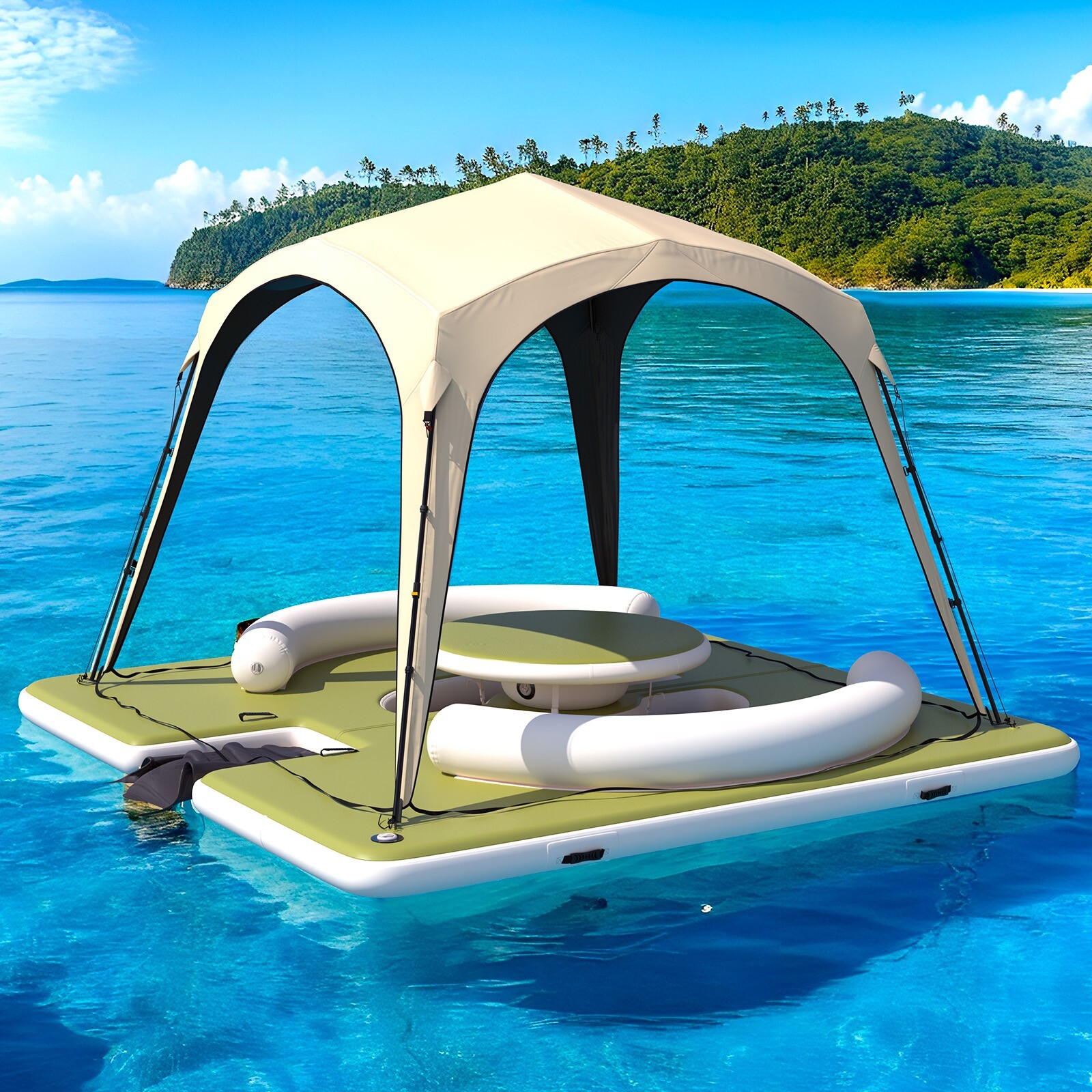 11.15ft x 11.15ft Inflatable Dock – Lounge, Ladder, Sunshade. PVC for Pool/Lake