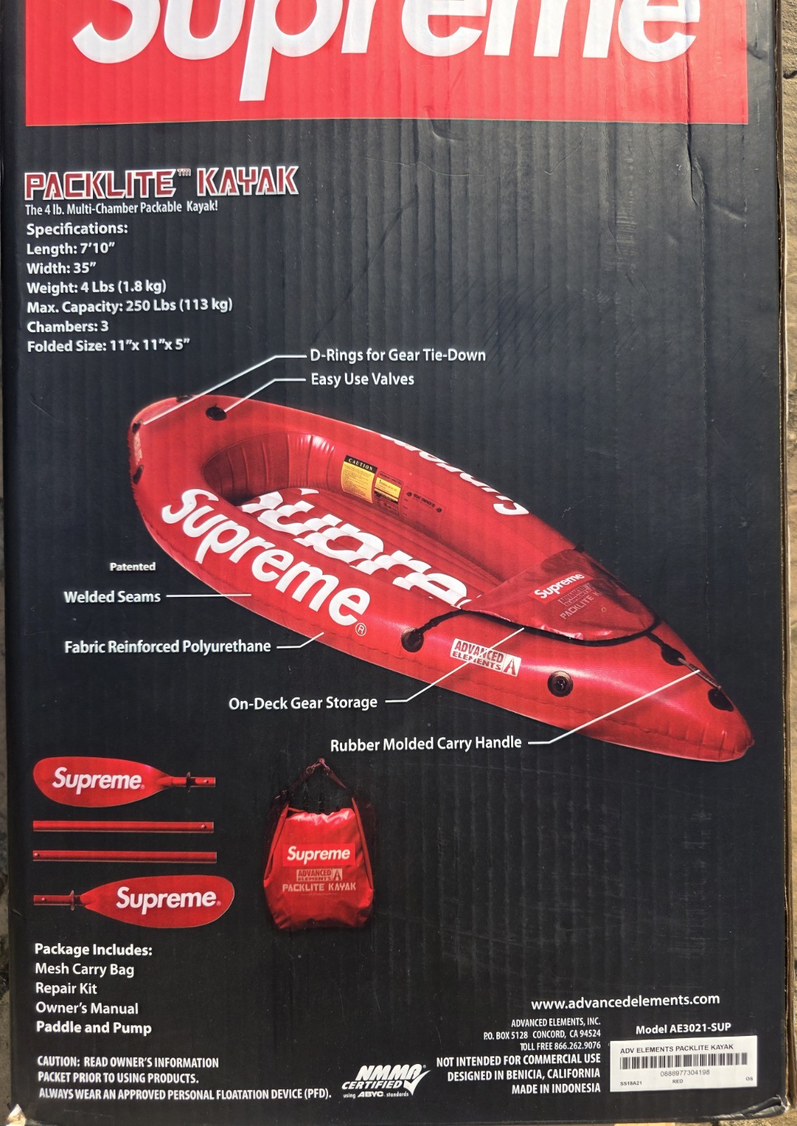 Supreme Advanced Elements Packlite Kayak in Red SS18 Inflatable Packable Oar