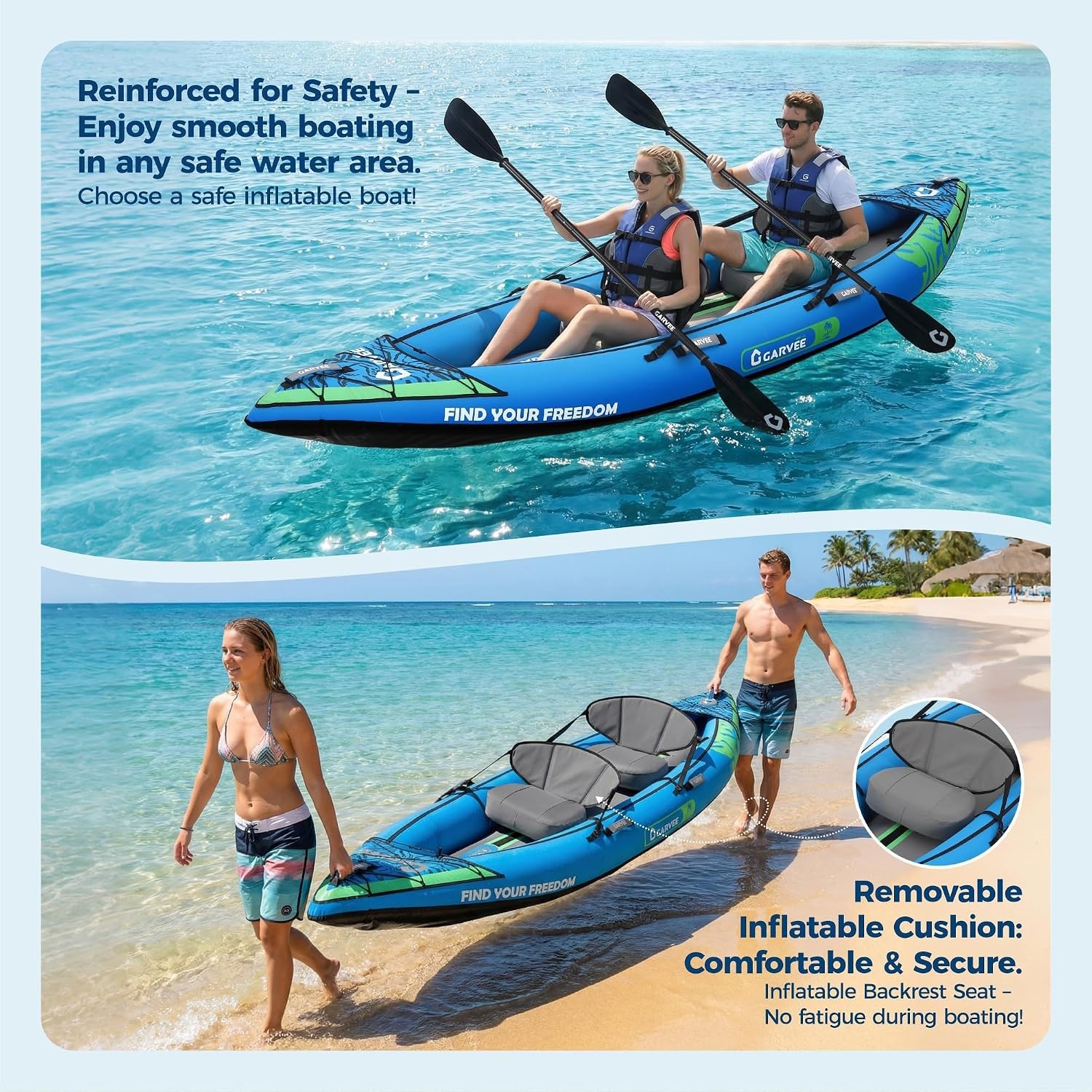 12ft Inflatable Kayak 2 Person Fishing Kayak Padded Seats 3 Fins Hand Pump