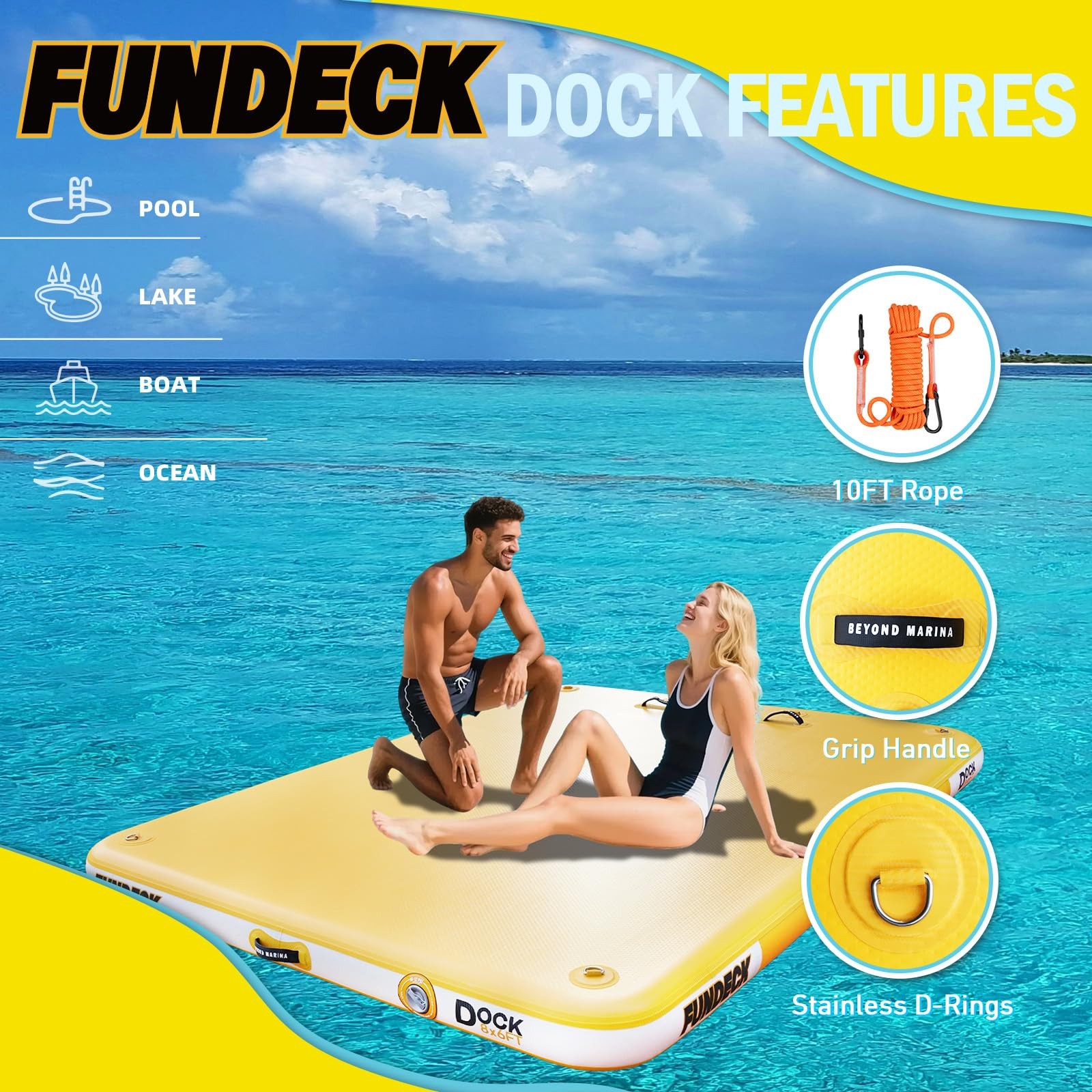 BEYOND MARINA 8x6ft Inflatable Floating Dock for Lake, 8ft x 6ft, Yellow
