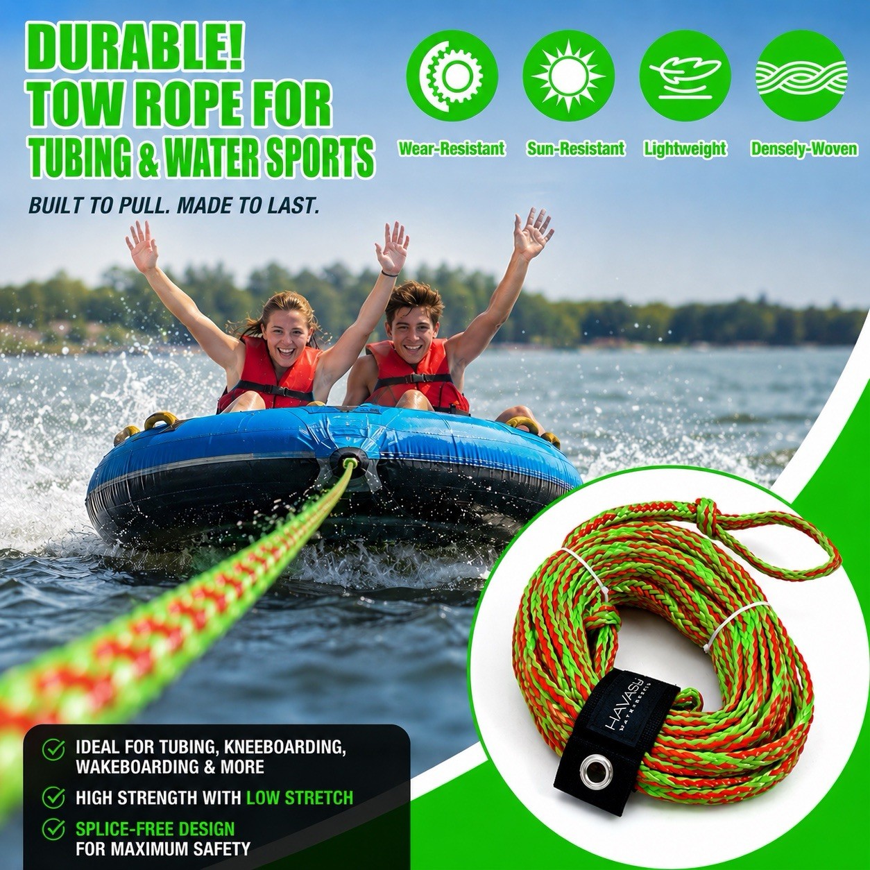 Havasu 60′ Tow Rope 3 Person Tube Rope 3350 lb Tensile Boat Jet Ski Tow Line