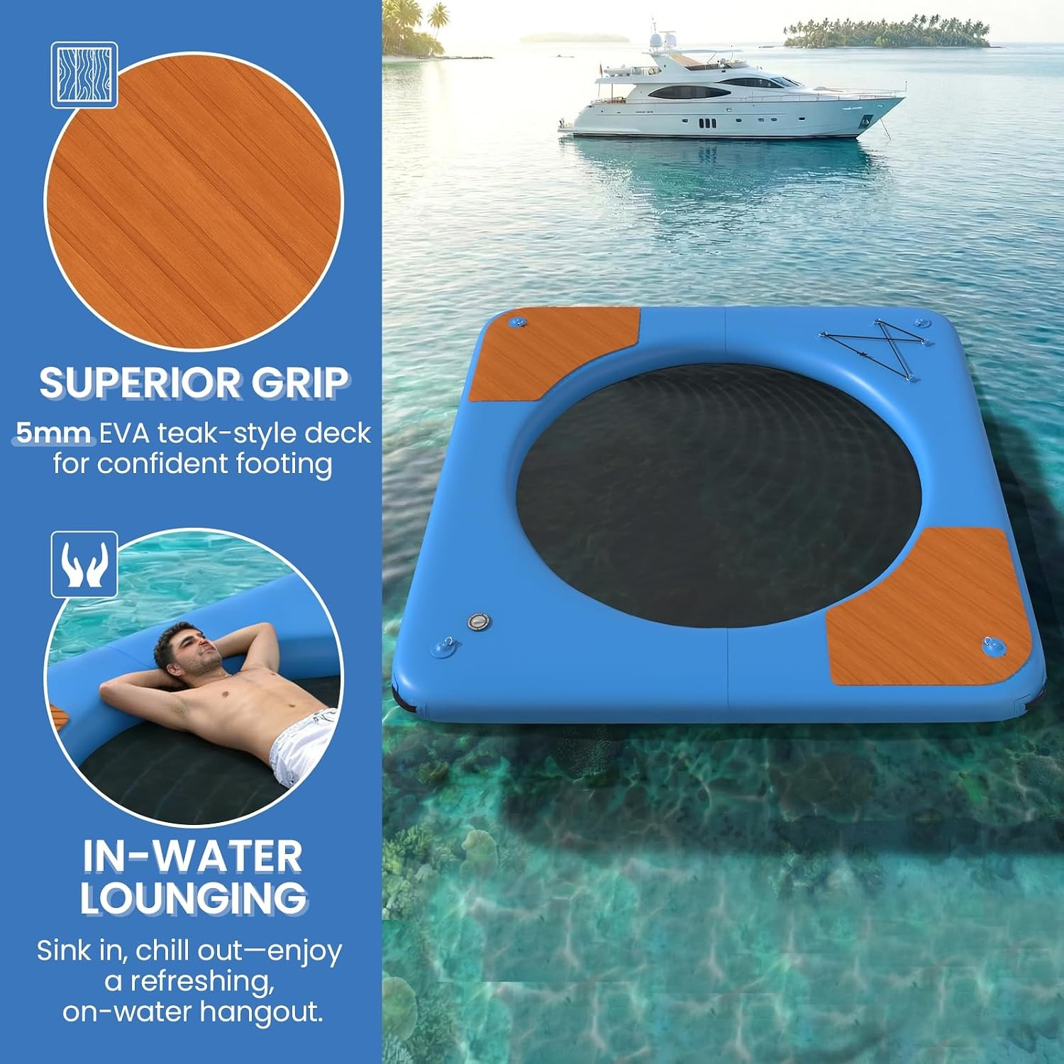10 ft Inflatable Floating Dock Platform 6 in Thick EVA Deck Blue Lake Swim Float