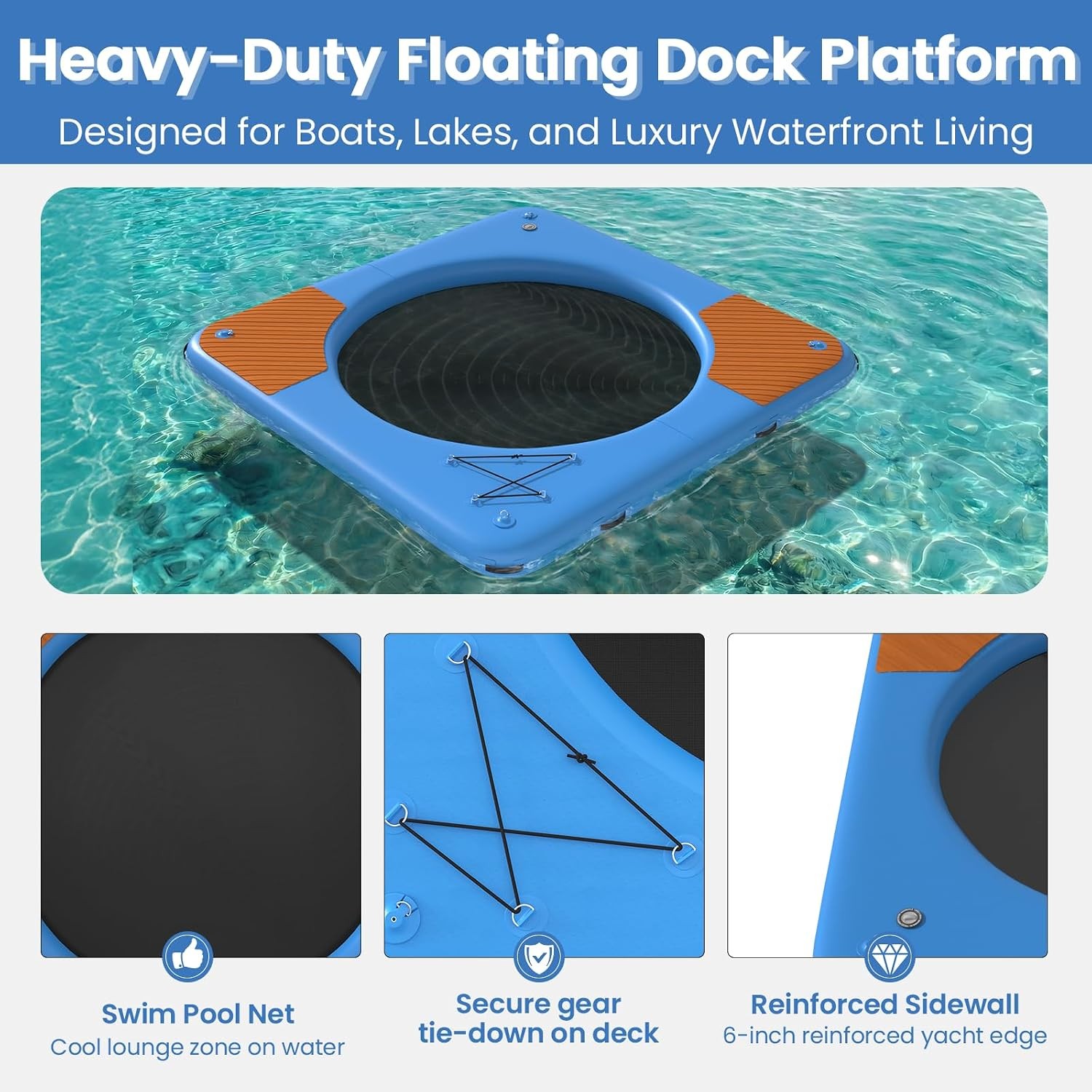 10 ft Inflatable Floating Dock Platform 6 in Thick EVA Deck Blue Lake Swim Float