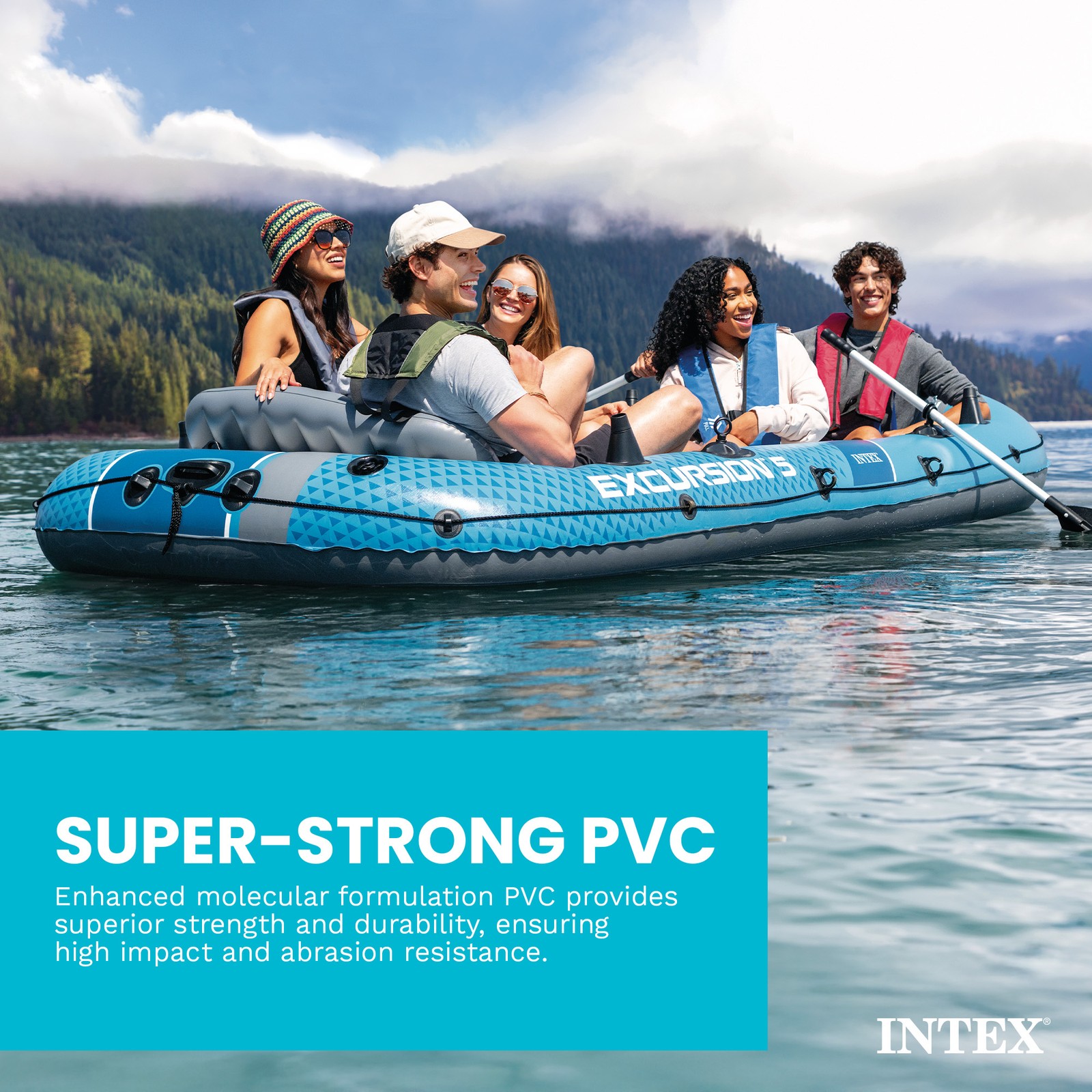 INTEX 66325EP Excursion 5 Inflatable Boat Set with 54″ Oars, Pump, & Rod Holders