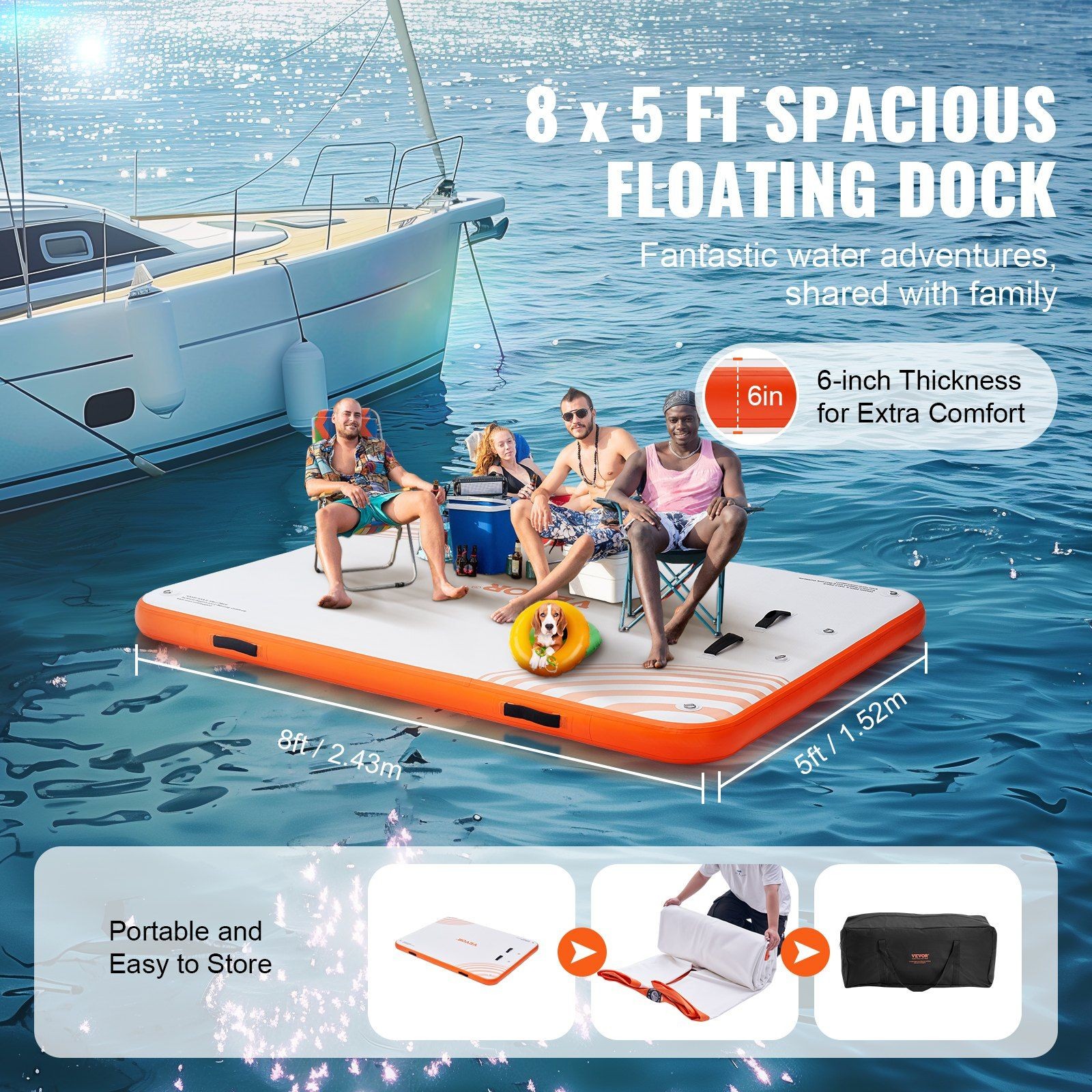 Non-Slip Inflatable Dock Mat 8x5ft, Steel D-Rings, Detachable Ladder