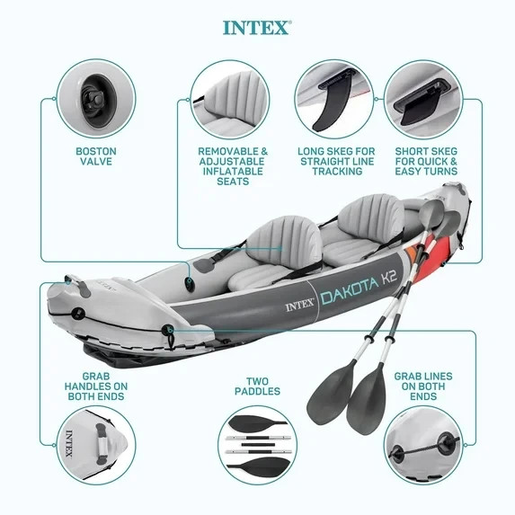 2-Person Inflatable Kayak Set with Oars & Pump – Dakota K2 Style Touring Canoe