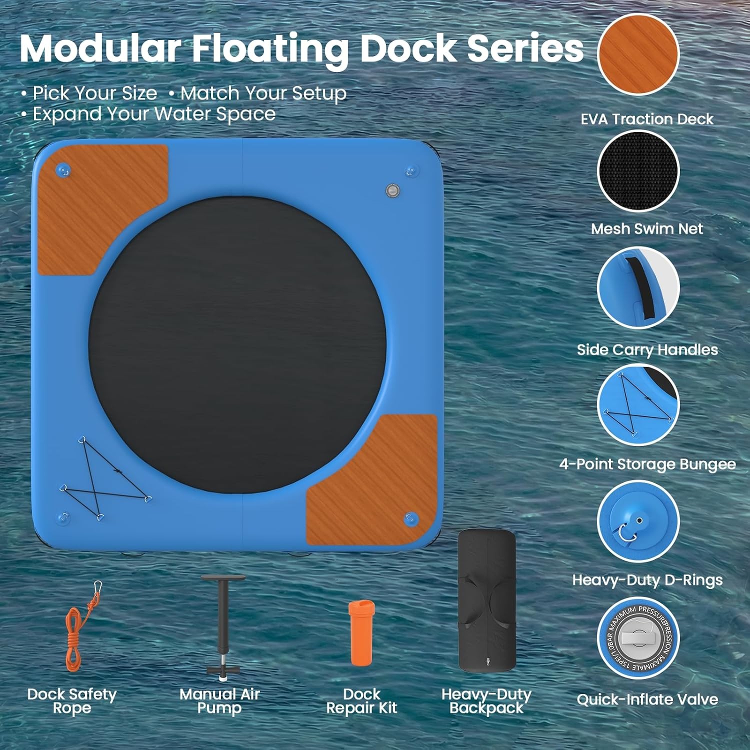 10 ft Inflatable Floating Dock Platform 6 in Thick EVA Deck Blue Lake Swim Float