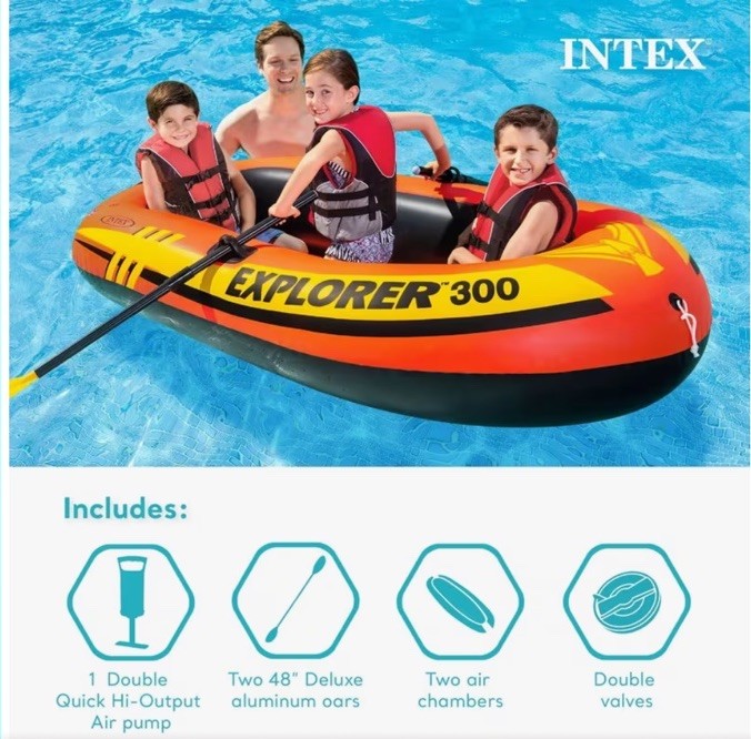 INTEX Explorer 300 Compact Inflatable Fishing 3 Person Raft Boat w/ Pump & Oars