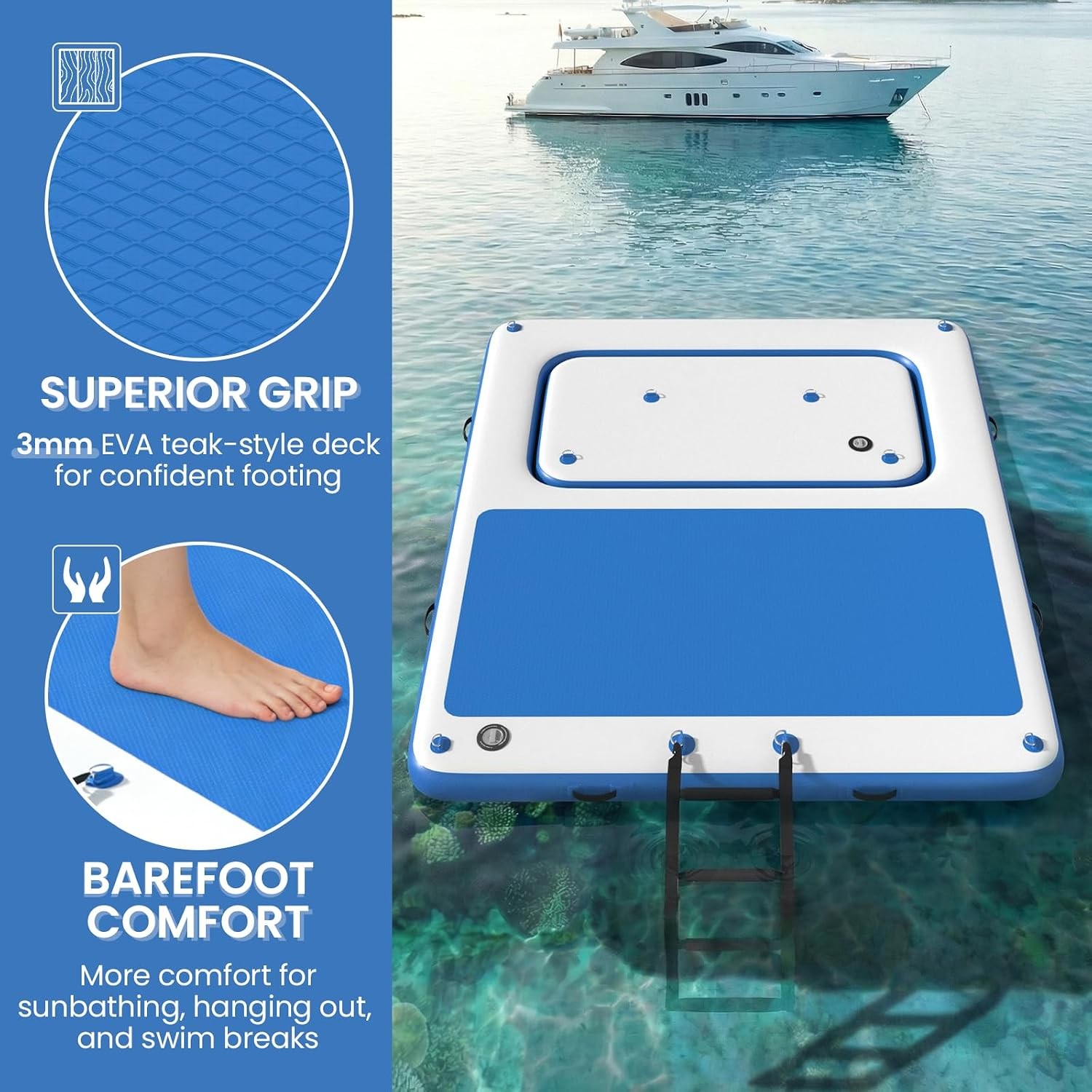 10′ x 8′ Inflatable Floating Dock with EVA Mat, Quick Pump, Brown