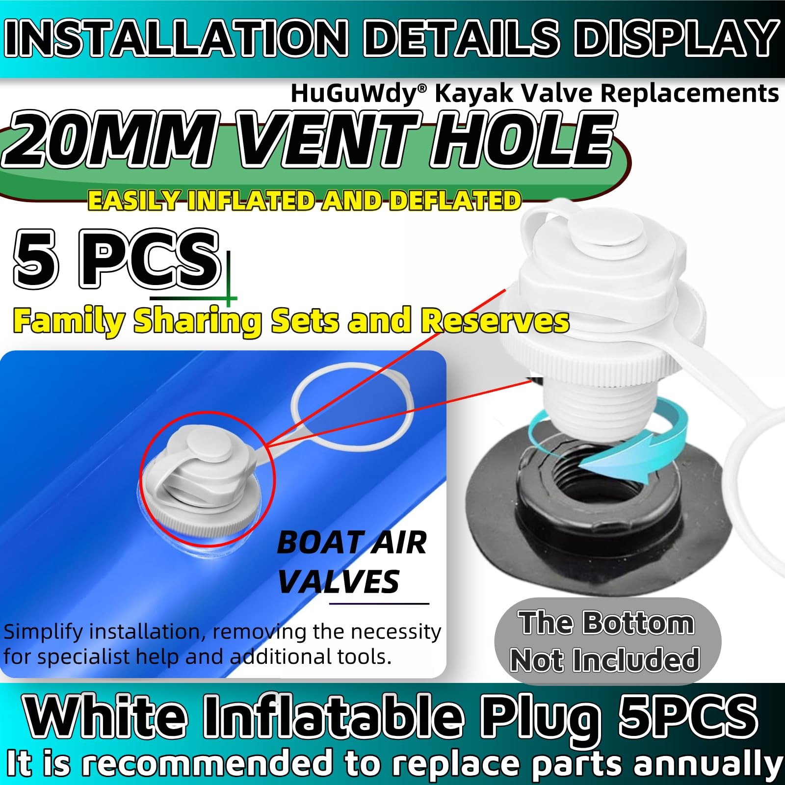 Inflatable Kayaks Boat Plug 5PCS,20MM Threaded Diameter 20 millimeters, White
