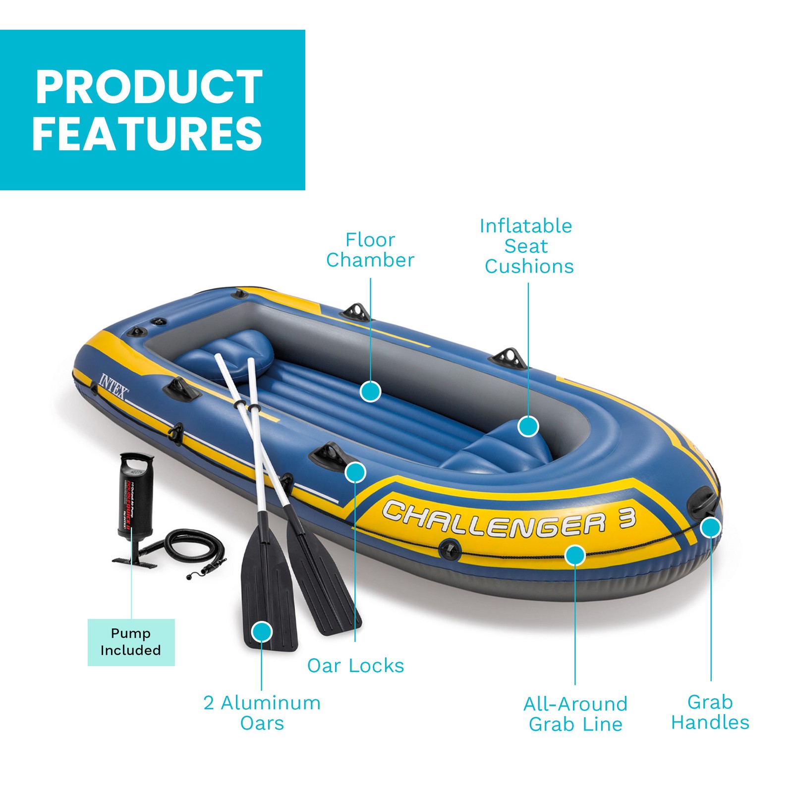 Intex 68370EP Challenger 3 Inflatable Raft Boat Set With Pump And Oars, Blue