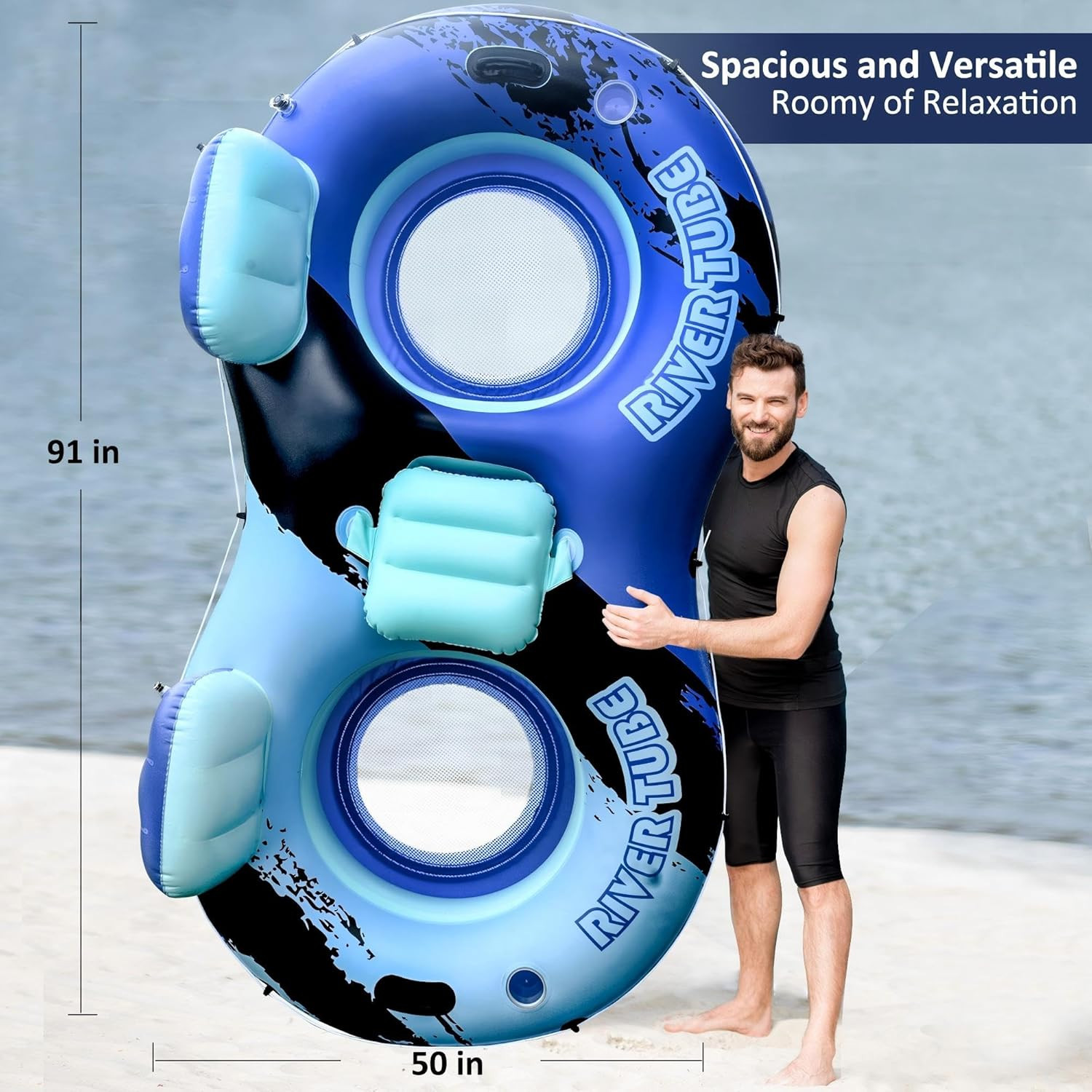 Heavy Duty 2 Person Floats for Adults, 91″ X 50″ Inflatable River Tube, Adult Fl