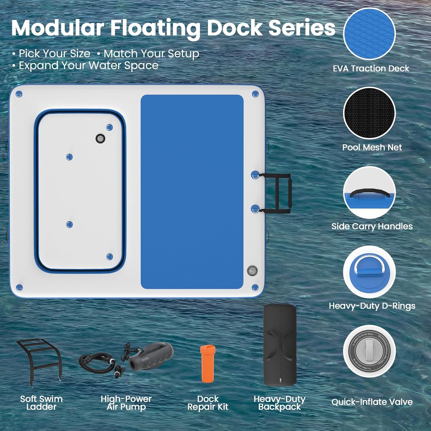 10’x8′ Floating Inflatable Dock with 3mm EVA Anti-Slip Mat, Quick