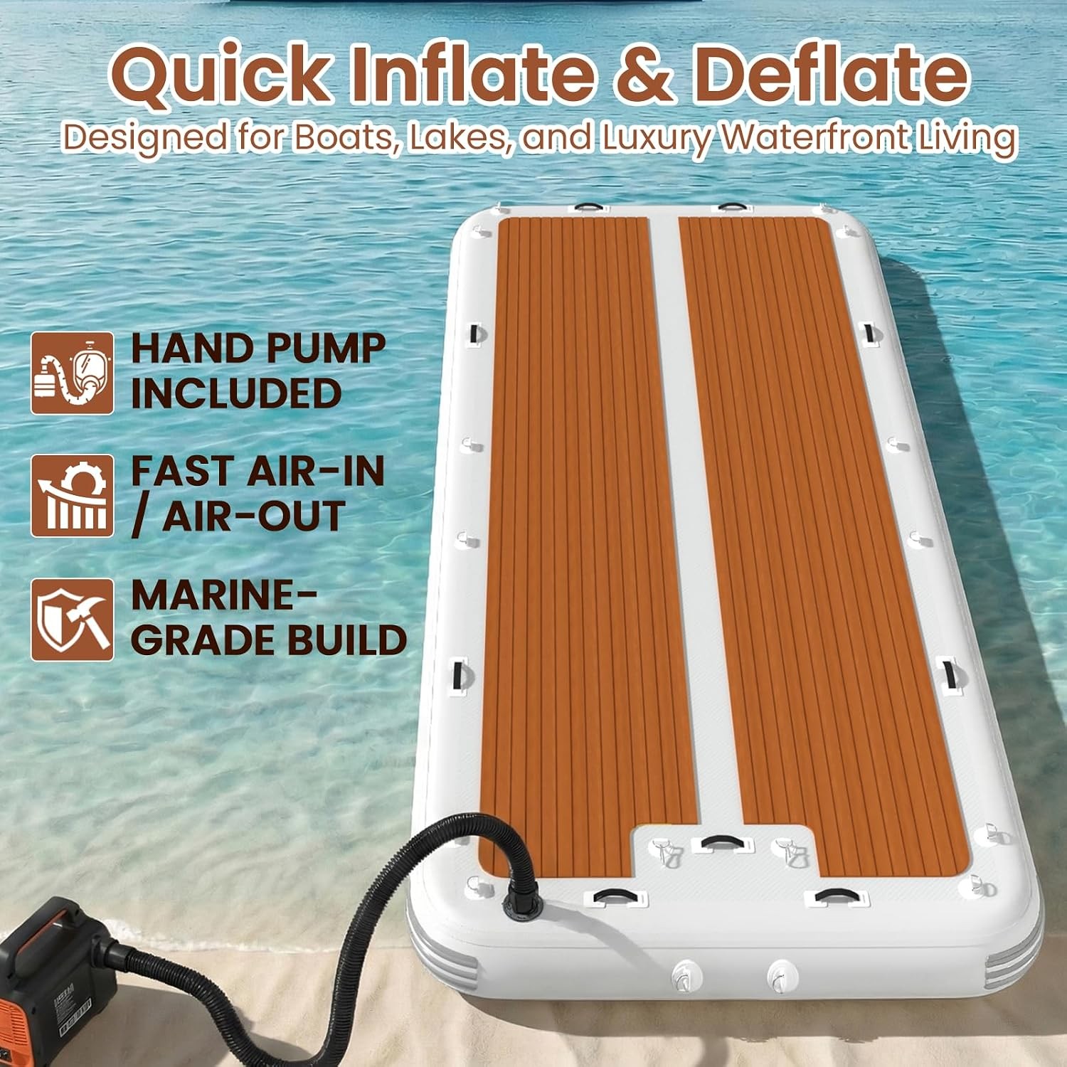 15ft x 6.5ft Inflatable Floating Dock Brown PVC EVA Non-Slip Water Platform