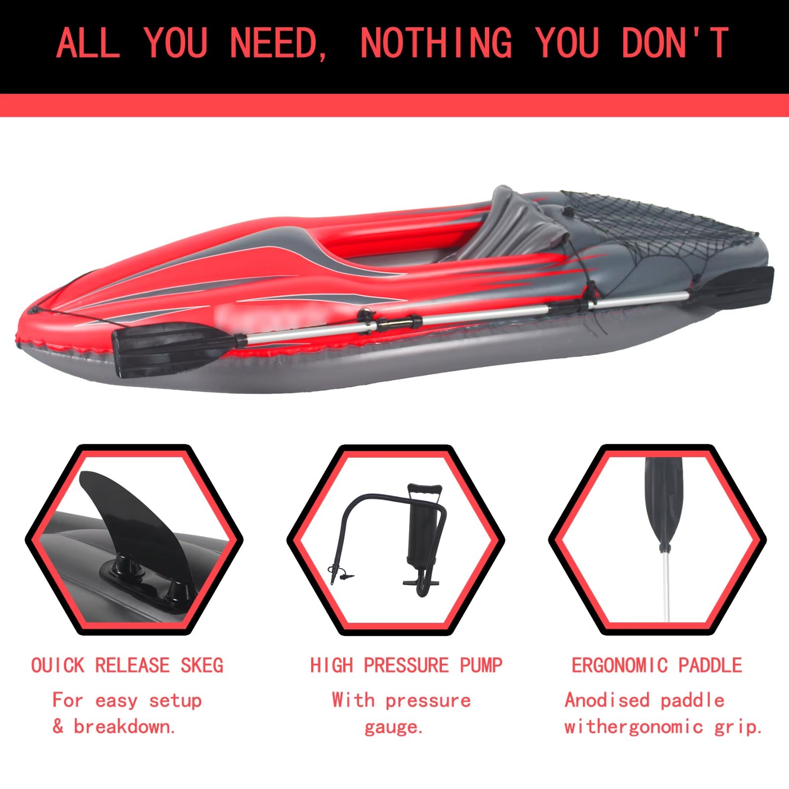 Inflatable Kayak Fishing Boat 1 Person Adult PVC Red with Paddles Bag Seats