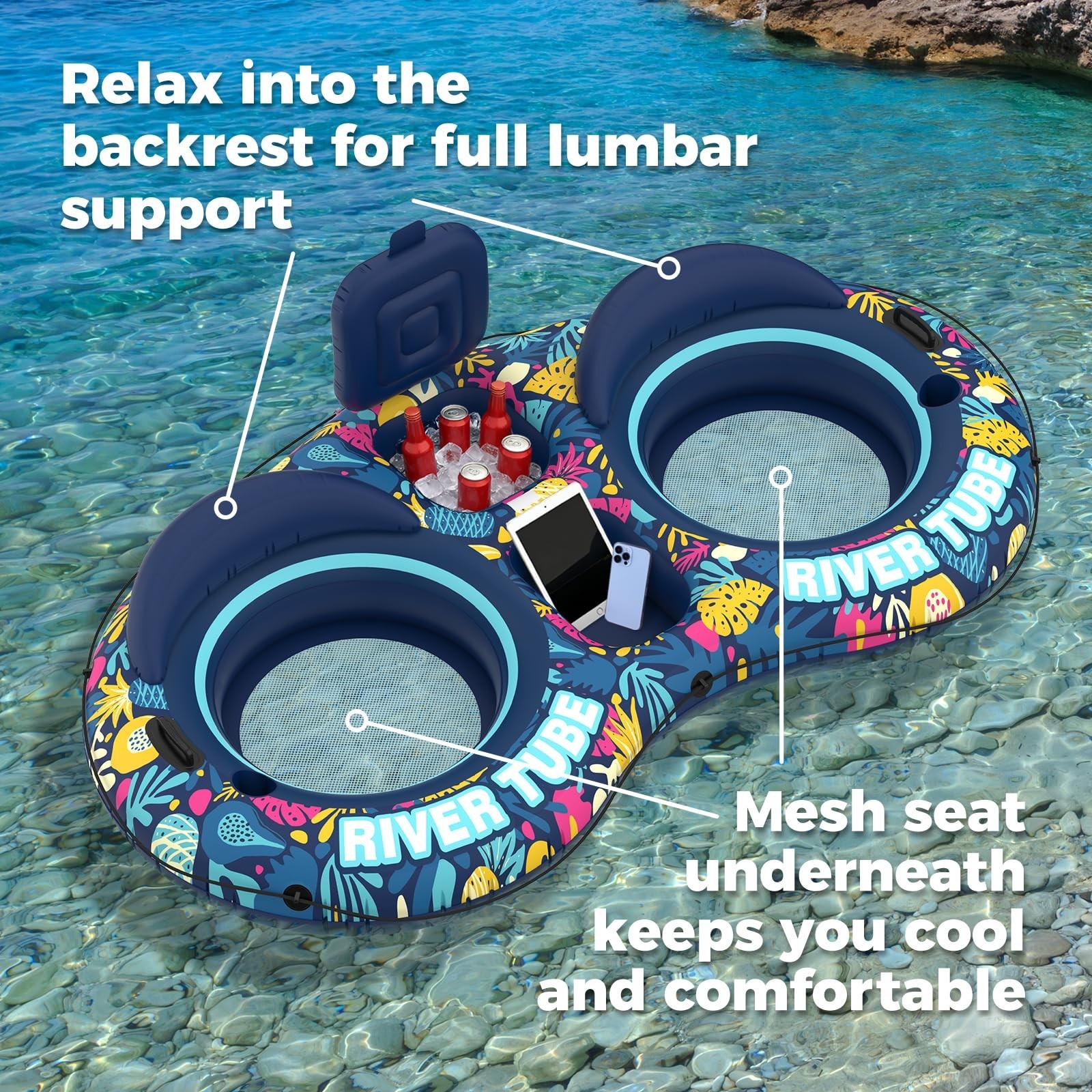 Inflatable 2-Person River Tube Float – Heavy Duty Raft with Cooler & Cup Holders
