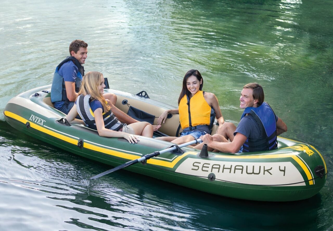 Intex Seahawk 4 Inflatable 4 Person Floating Boat Raft Set with Oars & Air Pump