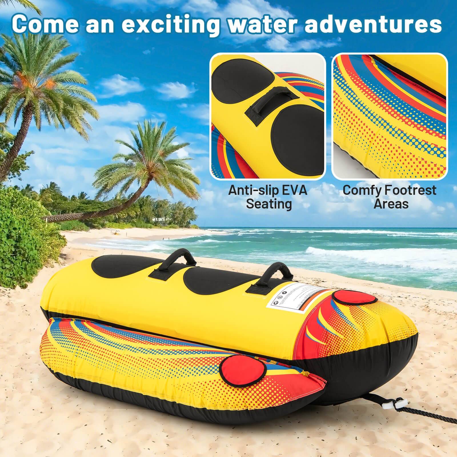 2-Person Inflatable Banana Boat w/ Boating & Water Sports 2 EVA-padded Seats