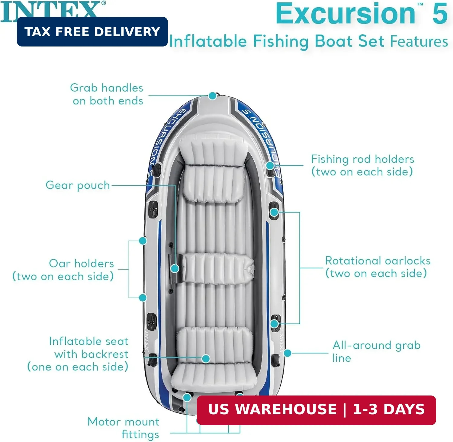 Intex Excursion 5 Person Inflatable Outdoor Fishing Raft Boat Set with 2 Aluminu