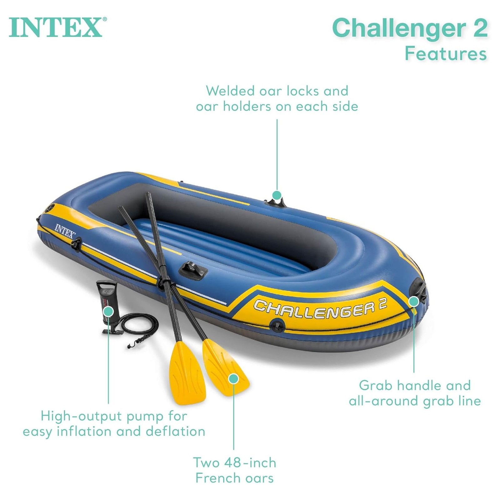 INTEX 66312EP Challenger 2 Inflatable Boat Set with 48″ Oars, Pump, & Oar Locks