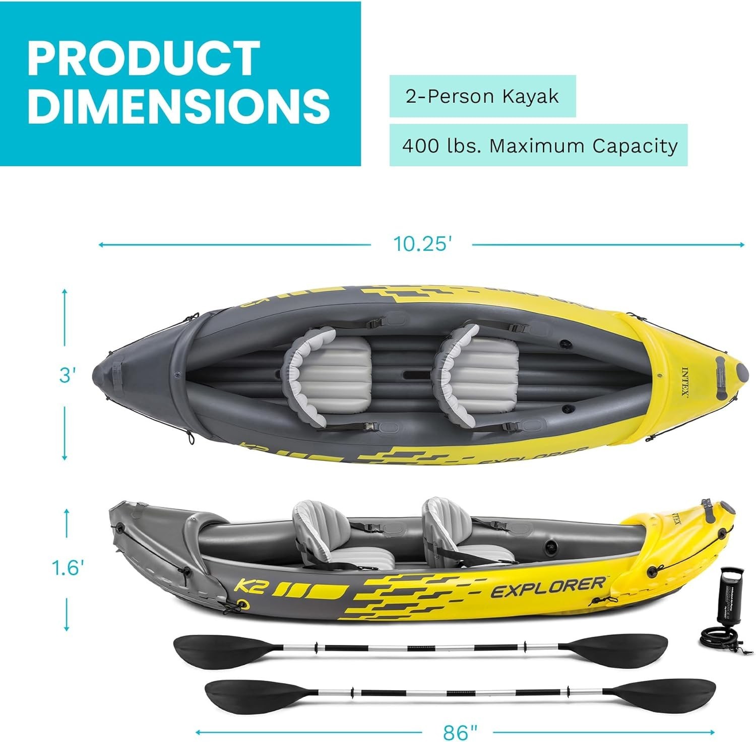 68307EP Explorer K2 Inflatable Kayak Set: Includes Deluxe 86in Aluminum Oars and