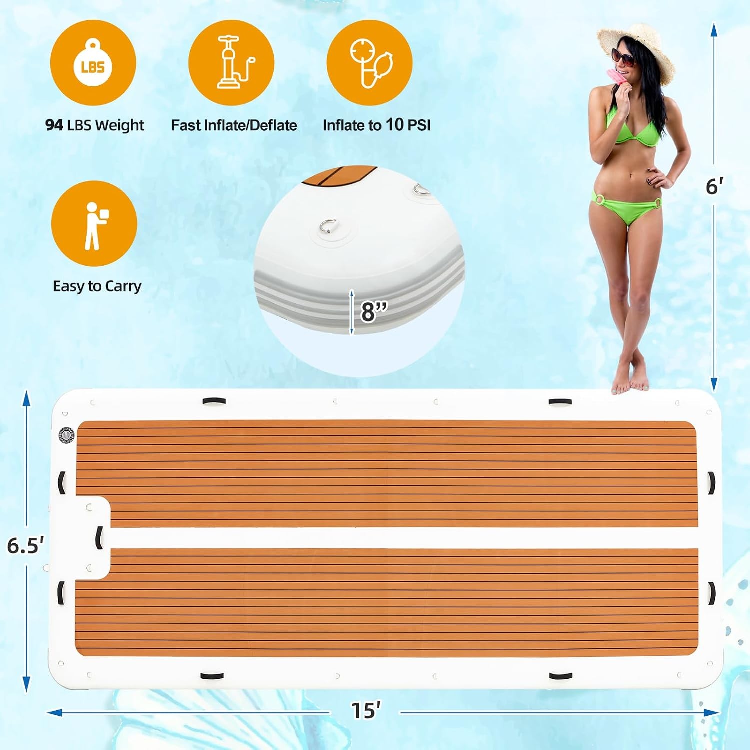 15′ x 6.5′ Inflatable Floating Dock Platform 8in EVA Mat Quick Inflate