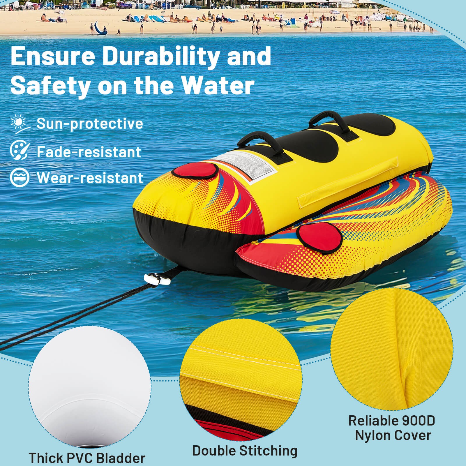 2-Person Inflatable Banana Boat w/ Boating & Water Sports 2 EVA-padded Seats