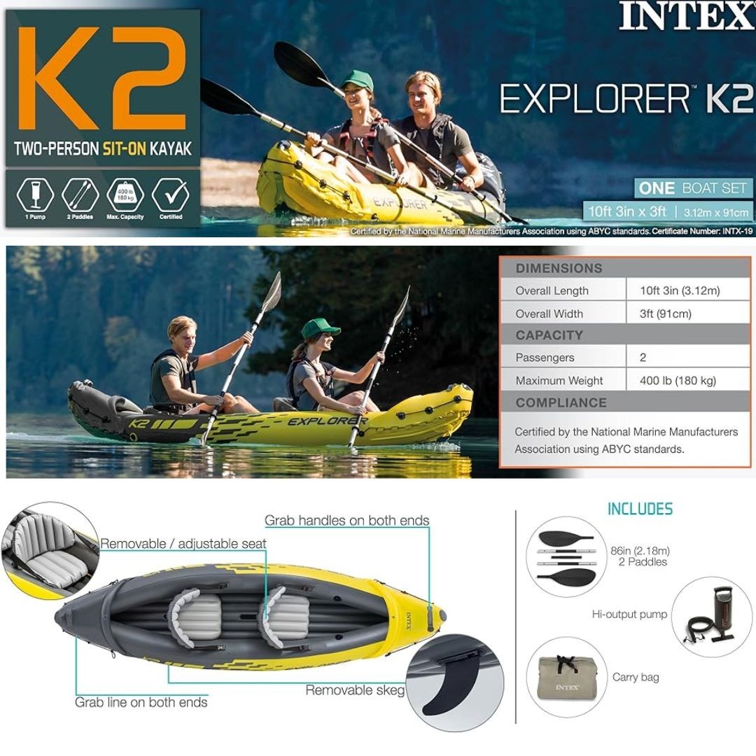 Intex Kayak Explorer 2-Person Inflatable K2 W/Aluminum Oars & Air Pump Kayak Set