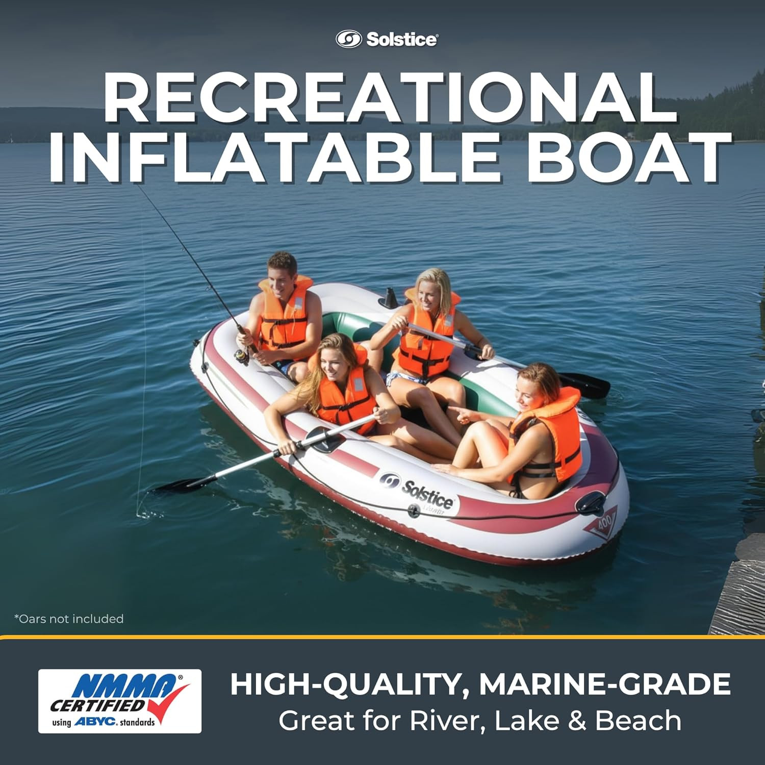Solstice Voyager 4-Person Inflatable Fishing Boat with Dual Swivel Oar Locks and