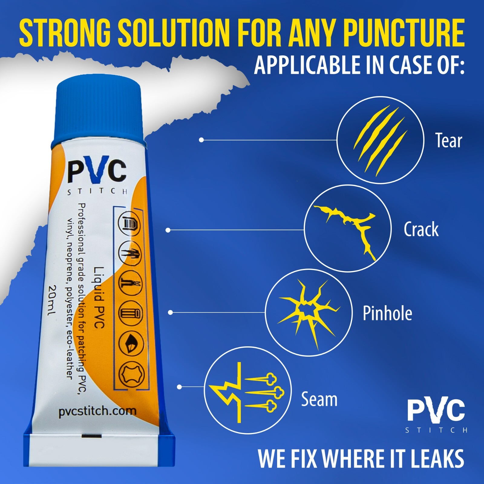 PVC Stitch Glue Repair Kit (glue+cord) for PVC, Vinyl, Neoprene, Polyester