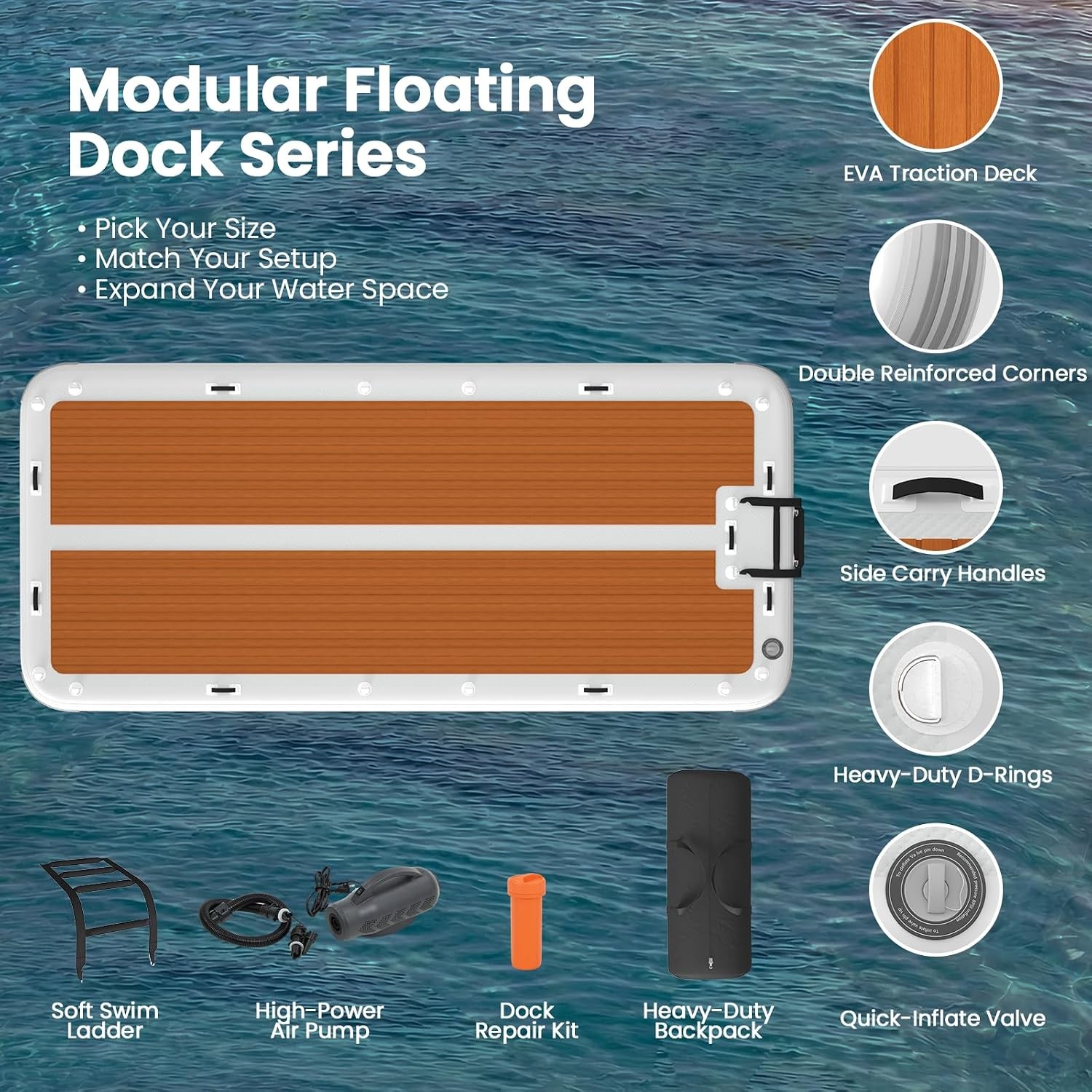 15ft x 6.5ft Inflatable Floating Dock Brown PVC EVA Non-Slip Water Platform